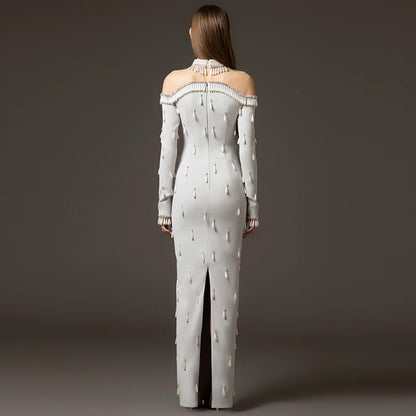 Long Maxi Dresses High Collar Beads Embroidered Prom Gown With Sleeves