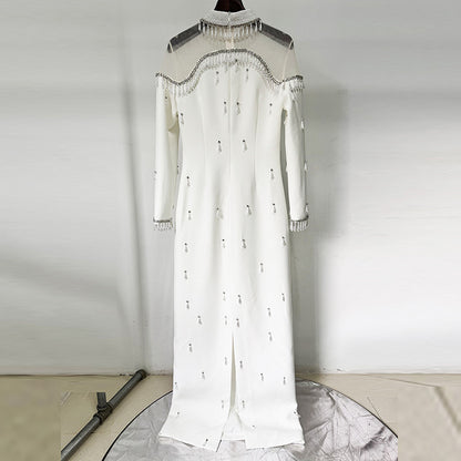 Long Maxi Dresses High Collar Beads Embroidered Prom Gown With Sleeves