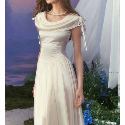 Women’s Vintage Off Shoulder Dress – Sleeveless A-Line Midi Dress with Waist Cinch