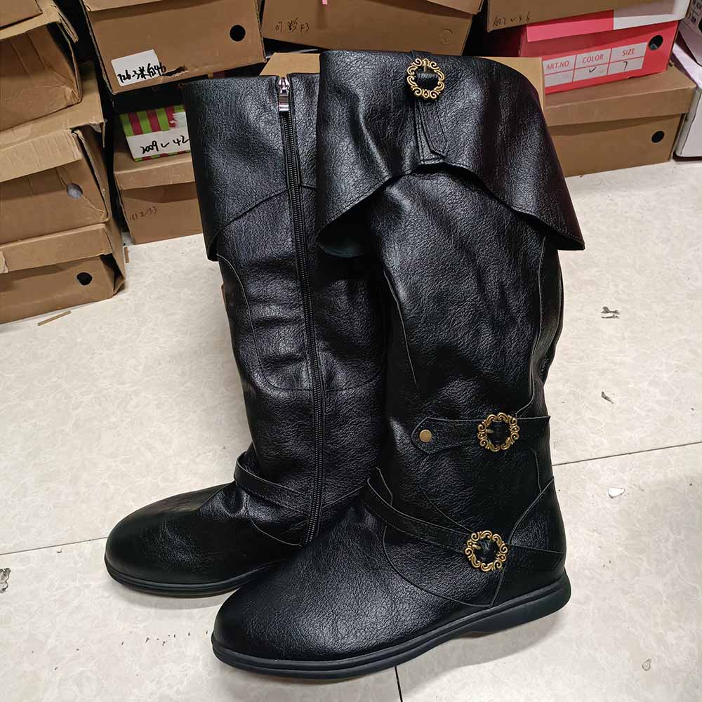 Black medieval renaissance flat boots featuring decorative buttons and a stylish fold-over design