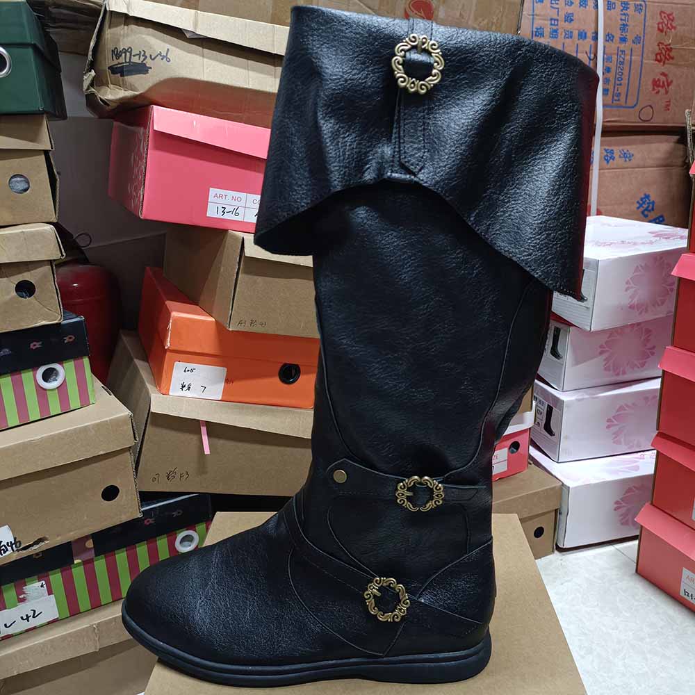 Black medieval renaissance flat boots with decorative buttons and stylish cuff design