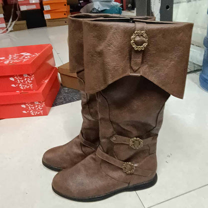 Brown medieval renaissance flat boots featuring decorative buckles and a stylish fold-over design