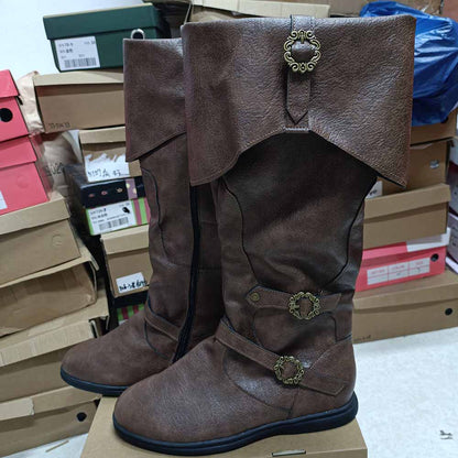 Brown medieval renaissance flat boots with stylish buckle details for a classic look