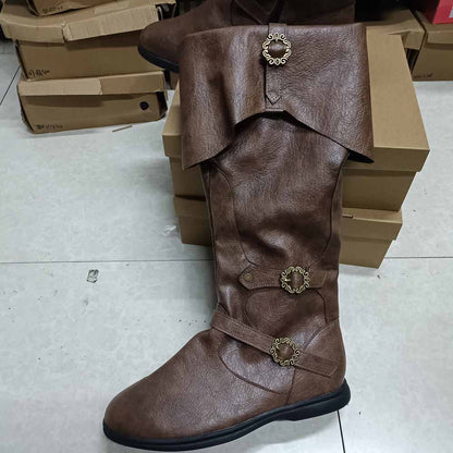 Brown medieval renaissance flat boots with decorative buckles and fold-over design for a historic look