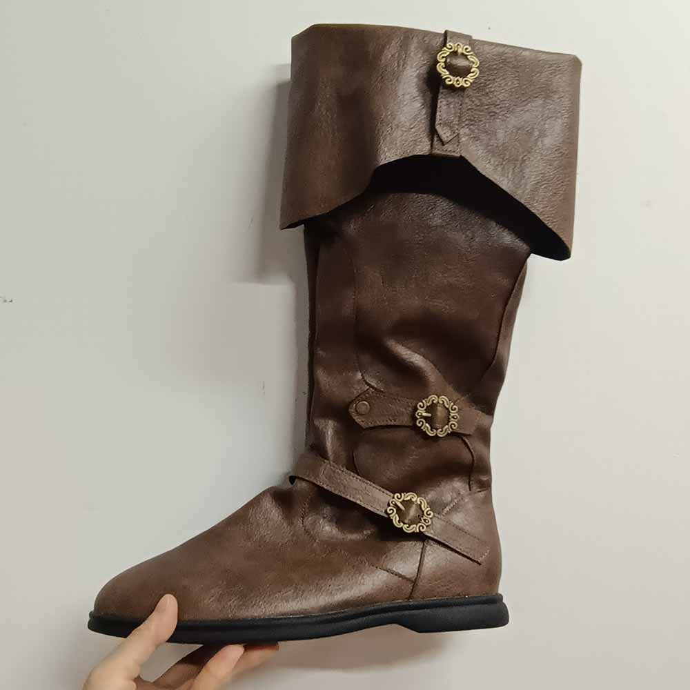 Brown medieval renaissance flat boots with decorative buckles and tall design for historical costume use