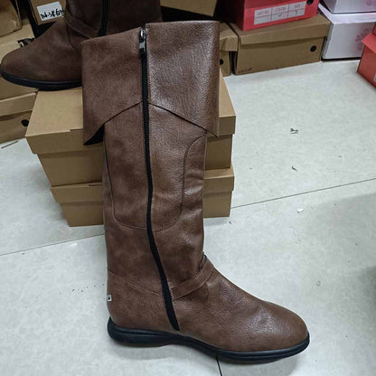 Brown SD-HK medieval renaissance flat boots with a tall design and side zipper for stylish comfort