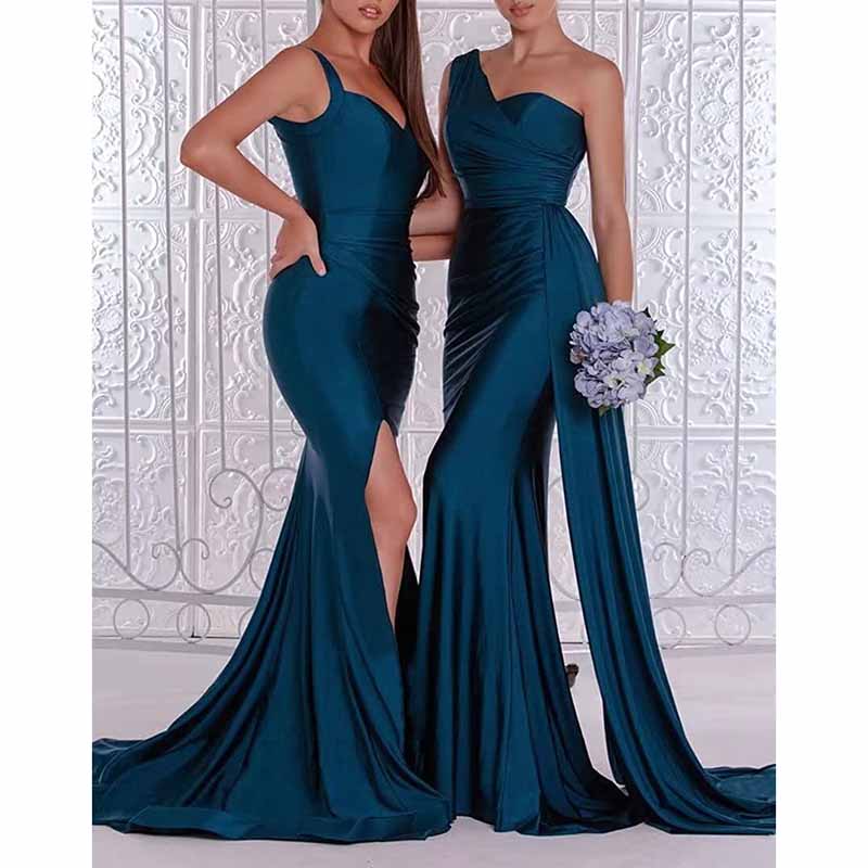 Elegant mermaid bridesmaid dresses long satin in dark teal with stylish one-shoulder and slit designs
