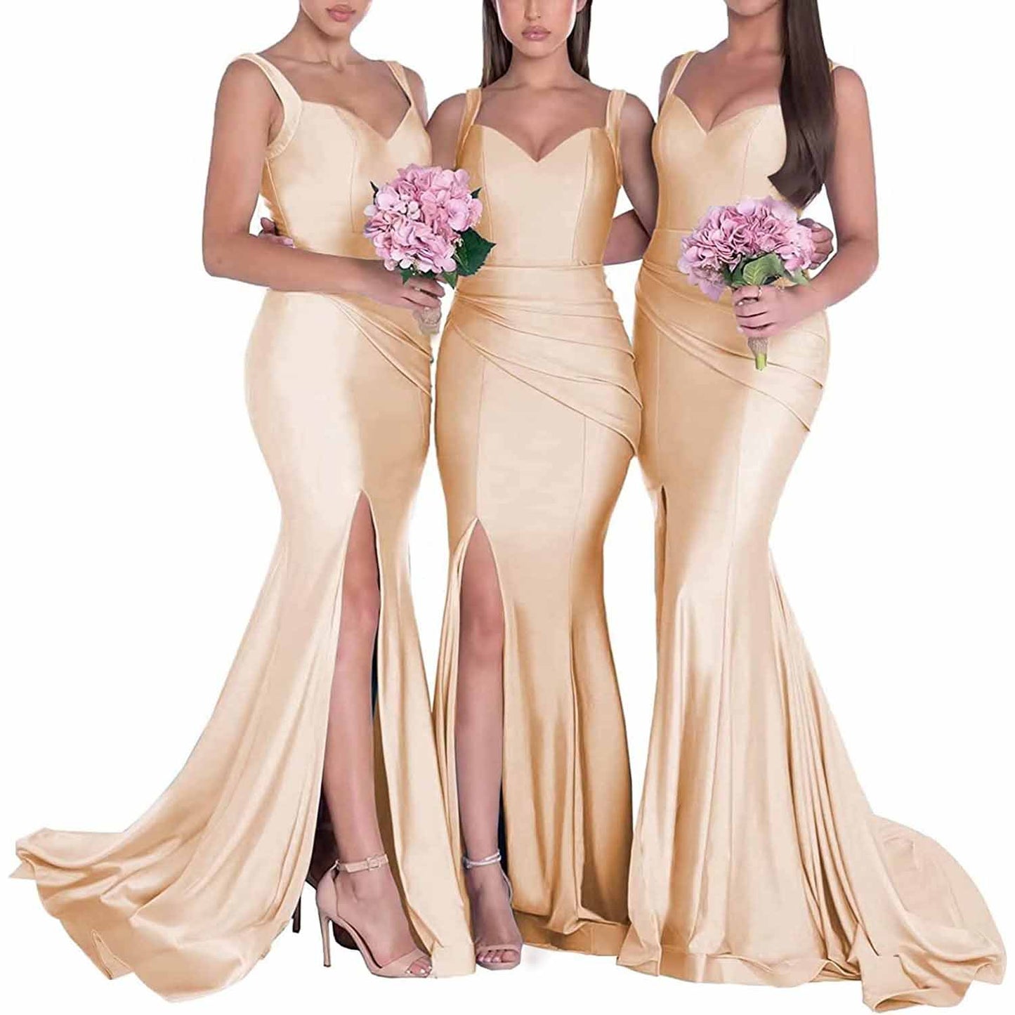 Three models in long satin mermaid bridesmaid dresses featuring elegant thigh-high slits