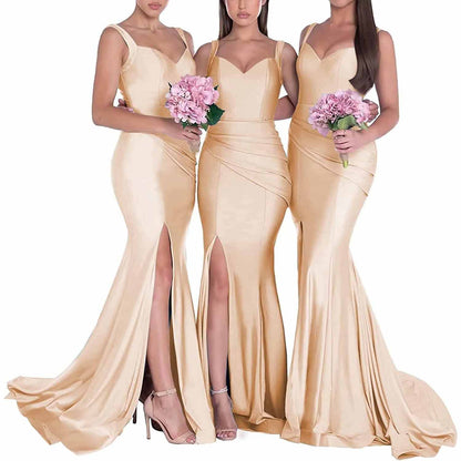 Three models in long satin mermaid bridesmaid dresses featuring elegant thigh-high slits
