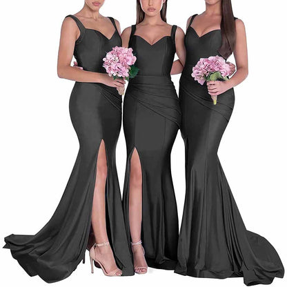Three elegant mermaid bridesmaid dresses long satin in black with thigh-high slits and sweetheart necklines