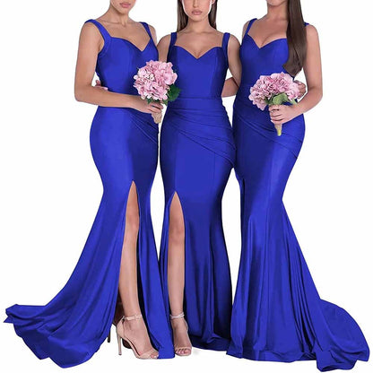Three models in long satin mermaid bridesmaid dresses showcasing stunning royal blue color and elegant thigh-high slits