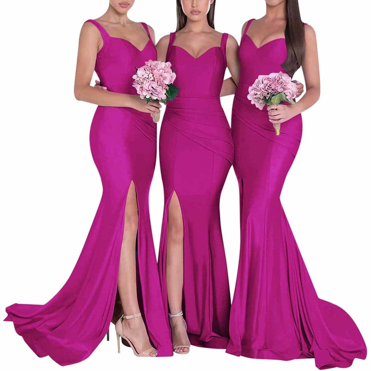 Three models in long satin mermaid bridesmaid dresses in pink showcasing elegant designs and high slits