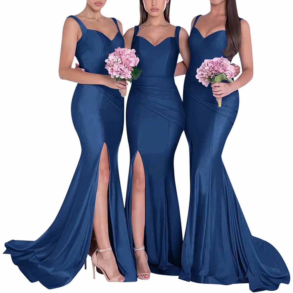 Three women wearing mermaid bridesmaid dresses long satin in navy blue with thigh-high slits