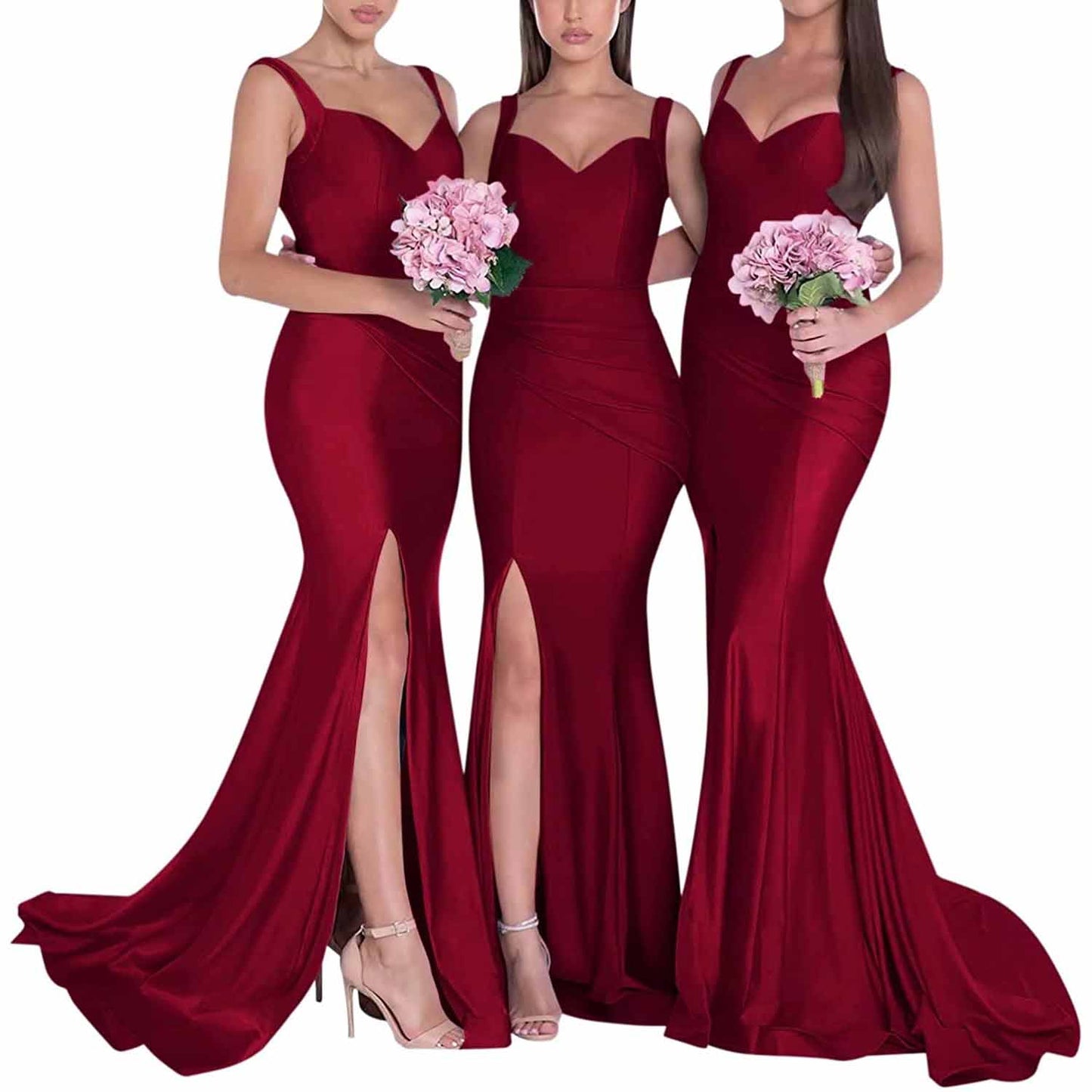 Three models wearing long satin mermaid bridesmaid dresses in burgundy with stylish slits