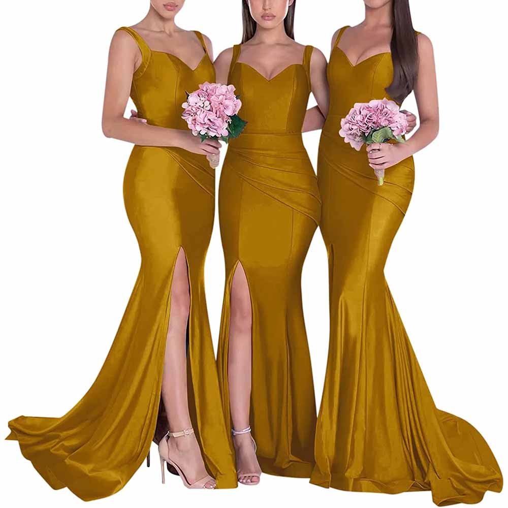 Three models in long satin mermaid bridesmaid dresses with stylish side slits and elegant fit