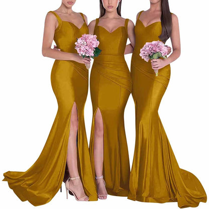 Three models in long satin mermaid bridesmaid dresses with stylish side slits and elegant fit