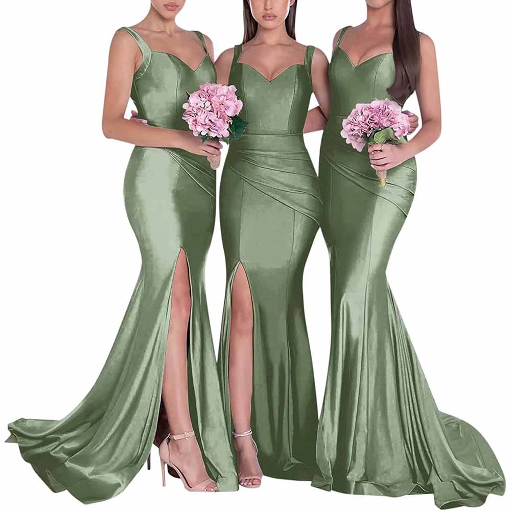 Three models wearing long satin mermaid bridesmaid dresses in sage green with elegant splits