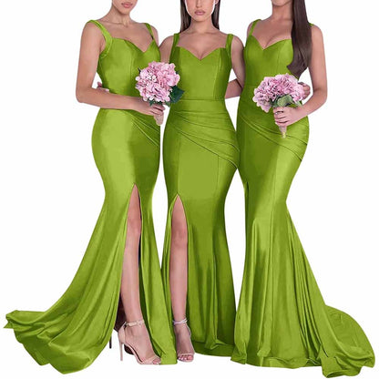 Three models in green mermaid bridesmaid dresses long satin with stylish slits and elegant fit