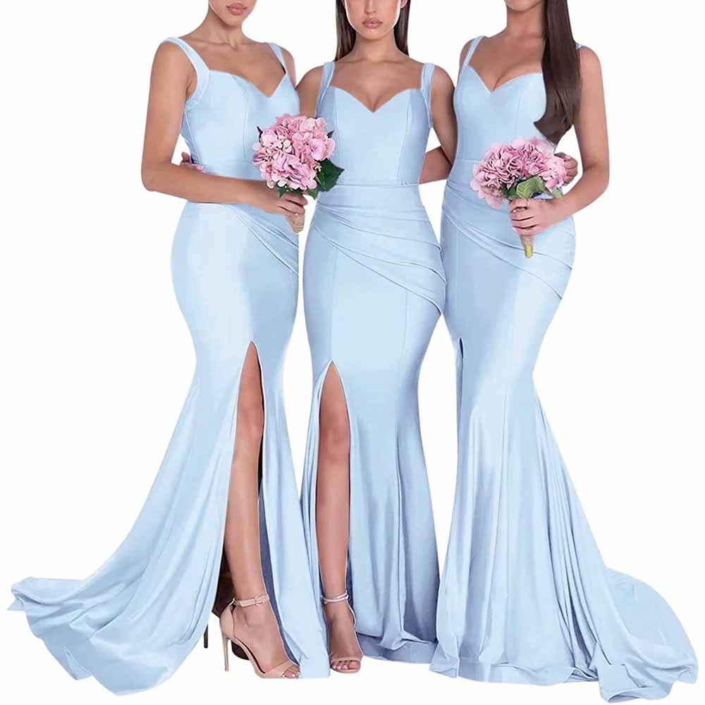 Three models wearing mermaid bridesmaid dresses long satin in soft blue with side slits and fitted bodices