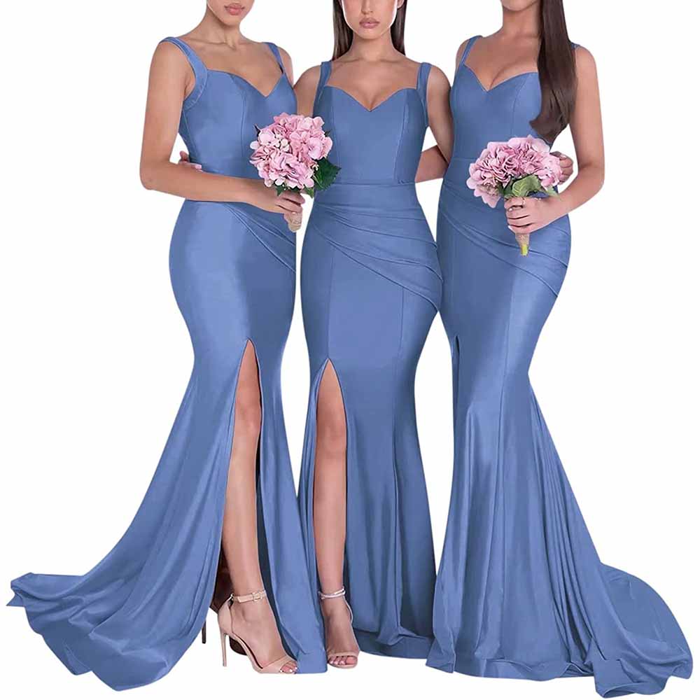 Elegant mermaid bridesmaid dresses long satin in blue with thigh-high slits and fitted bodice