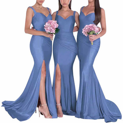 Elegant mermaid bridesmaid dresses long satin in blue with thigh-high slits and fitted bodice