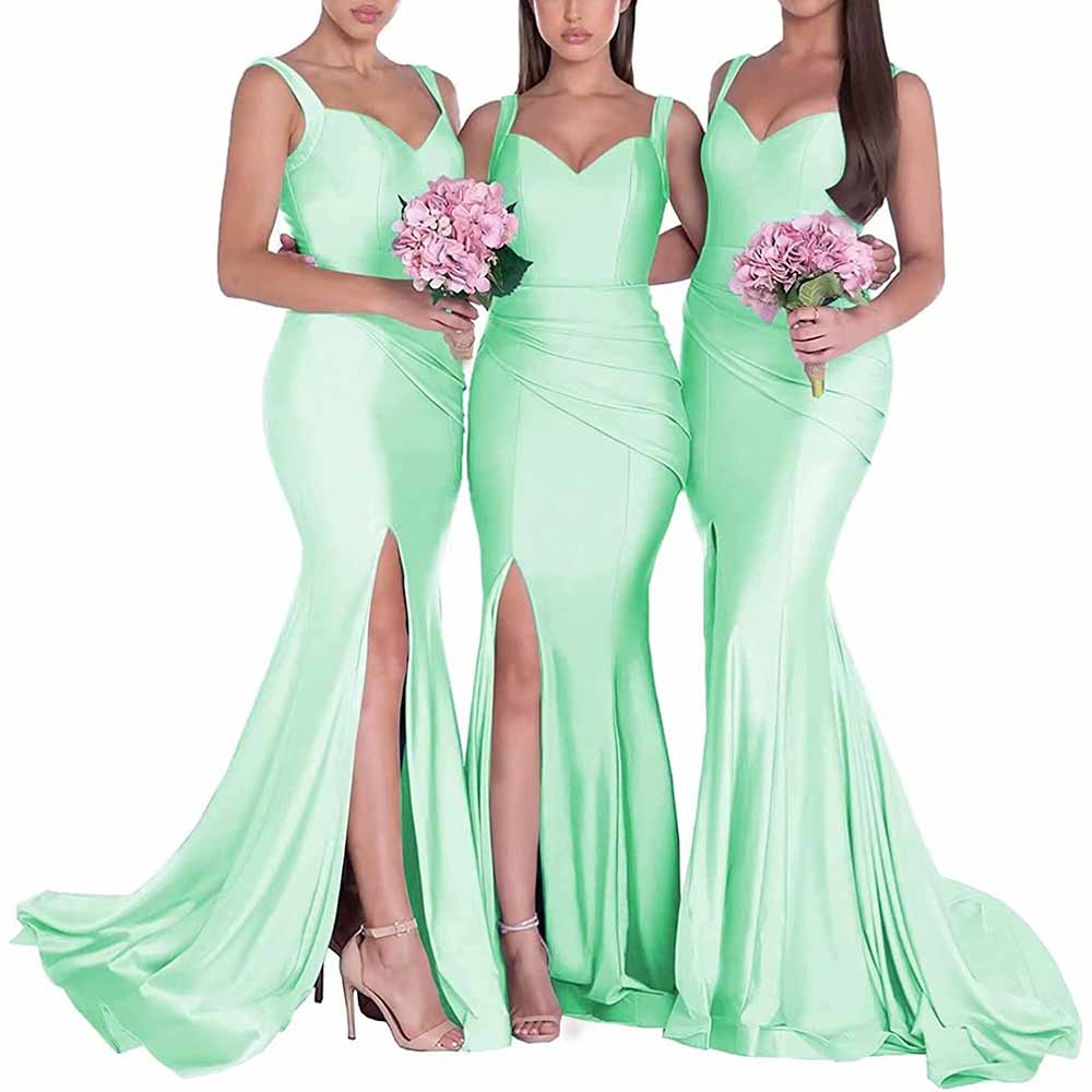Three models in mint green mermaid bridesmaid dresses long satin with stylish slits and elegant fit
