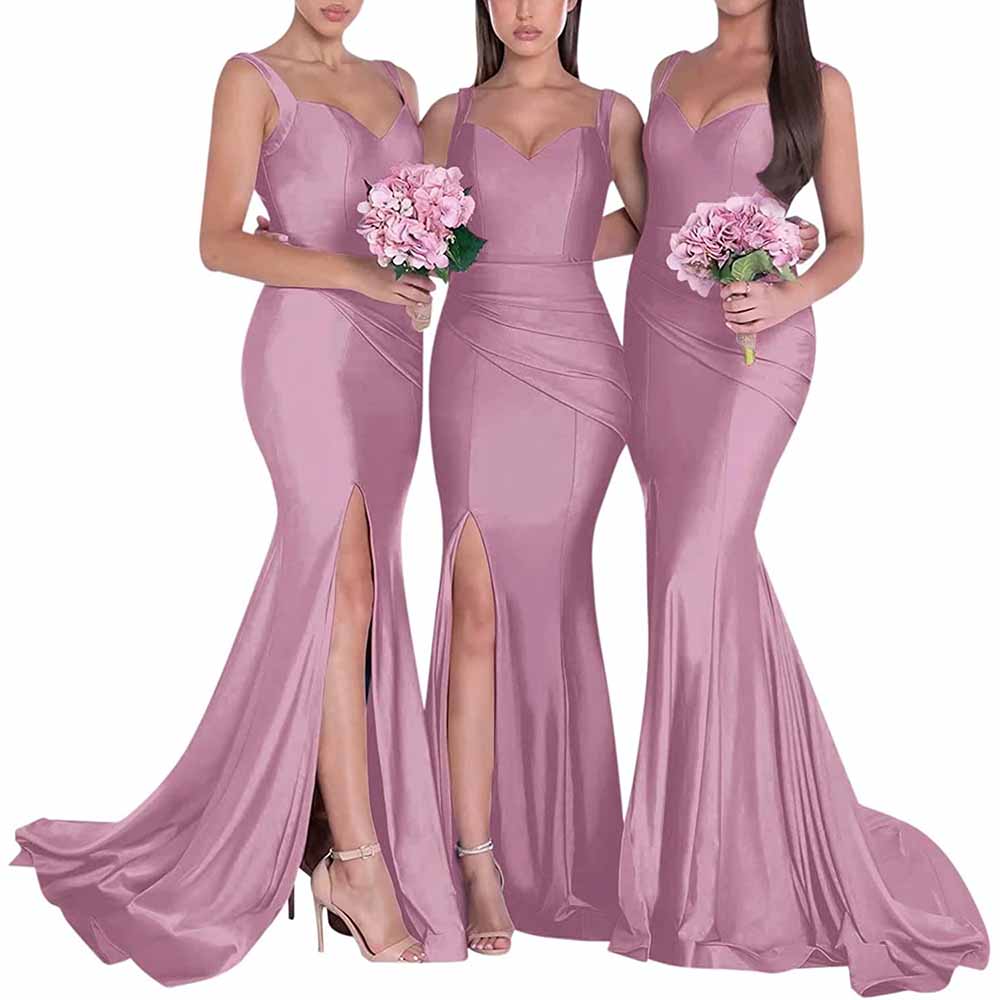 Three models in long satin mermaid bridesmaid dresses showcasing elegant design and slit details