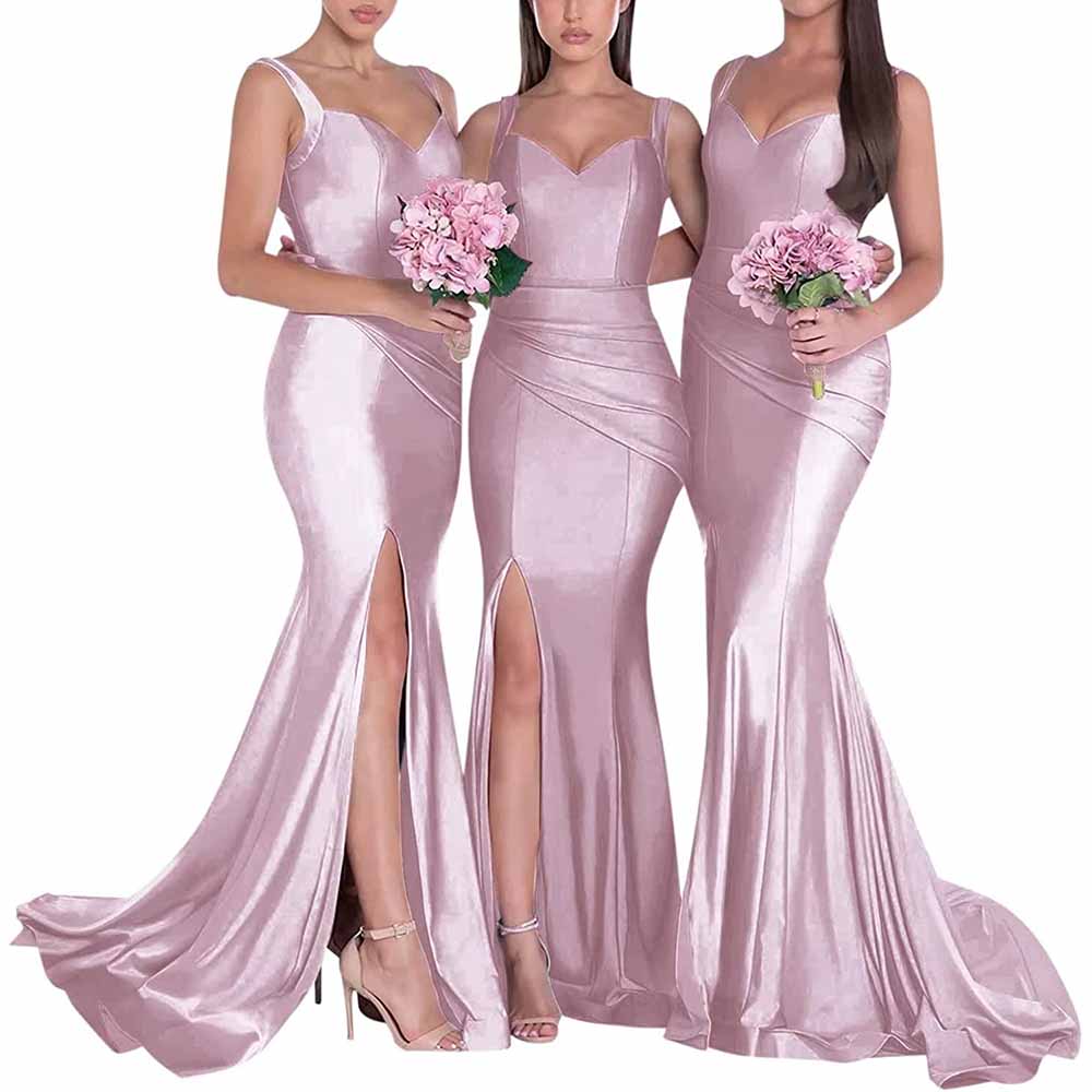 Three models in long satin mermaid bridesmaid dresses featuring elegant peak necklines and thigh-high slits