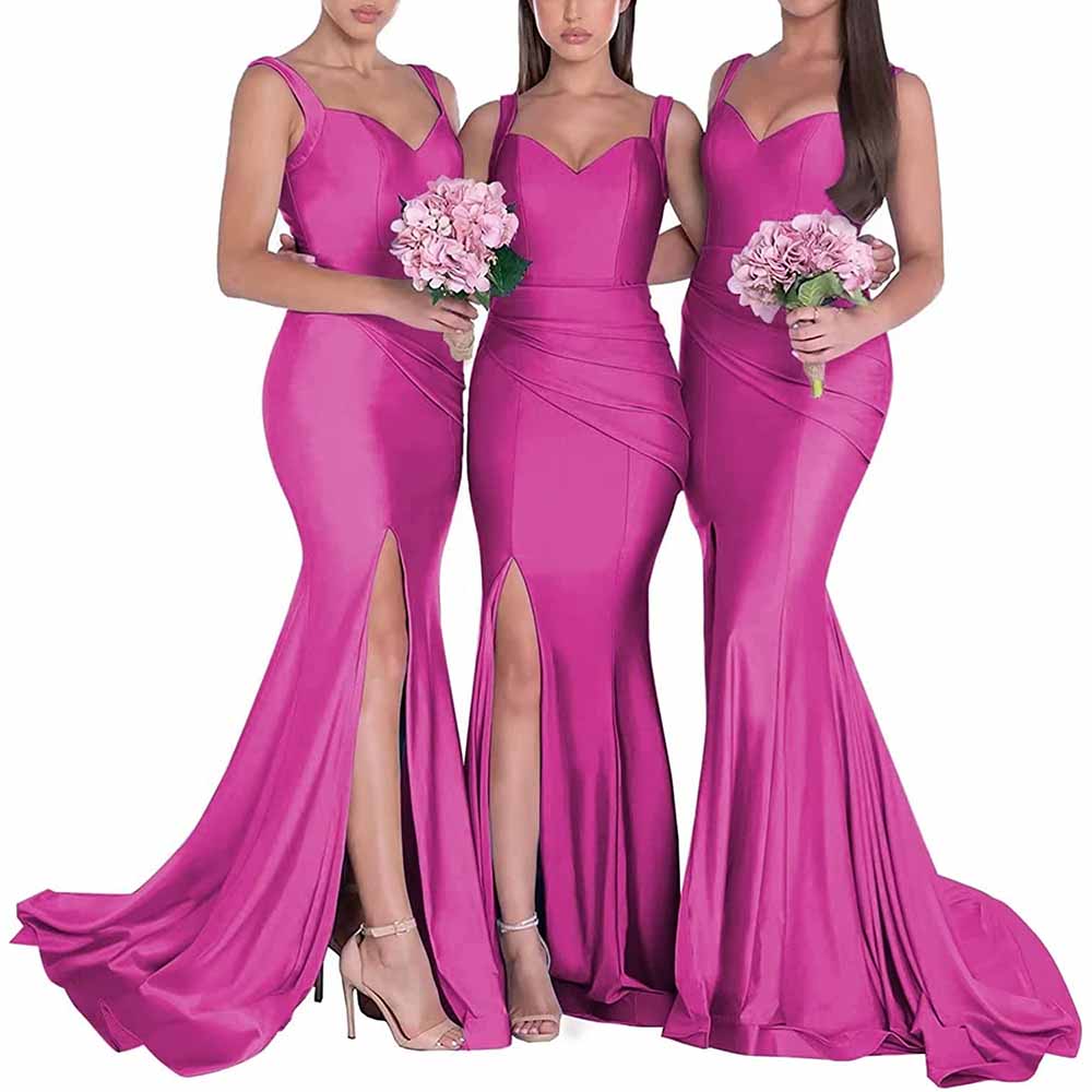 Three women in mermaid bridesmaid dresses long satin in vibrant pink, showcasing elegant designs and high slits