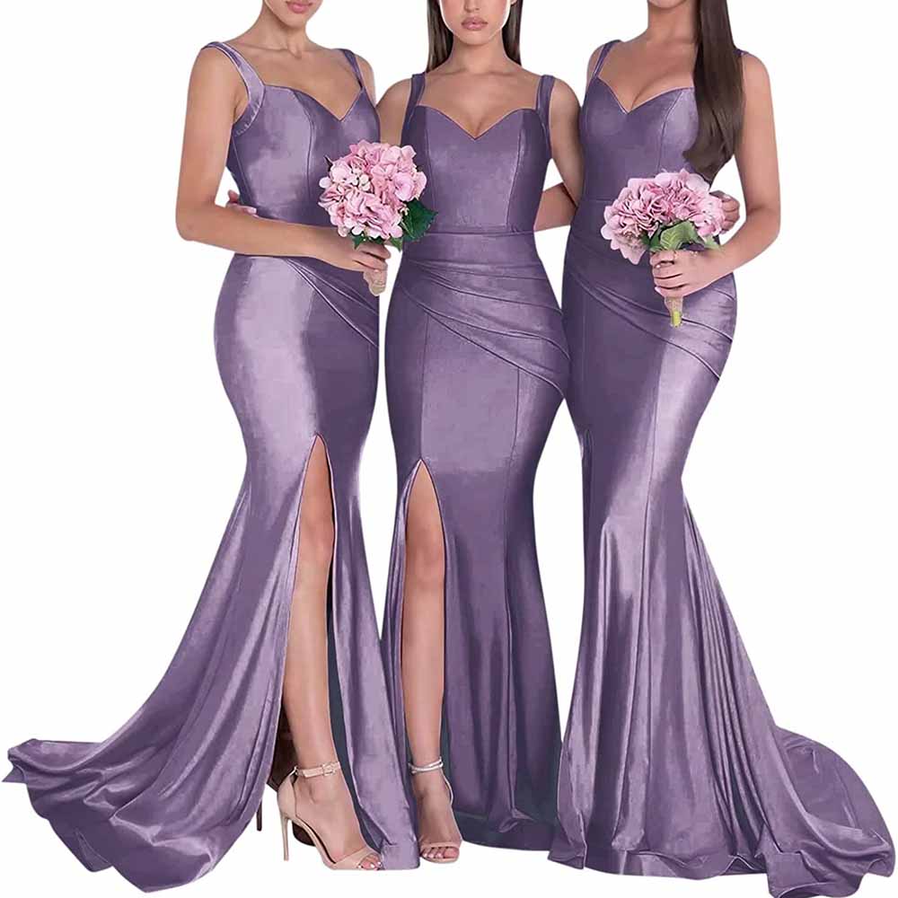 Three models wearing long satin mermaid bridesmaid dresses in lavender with elegant slits