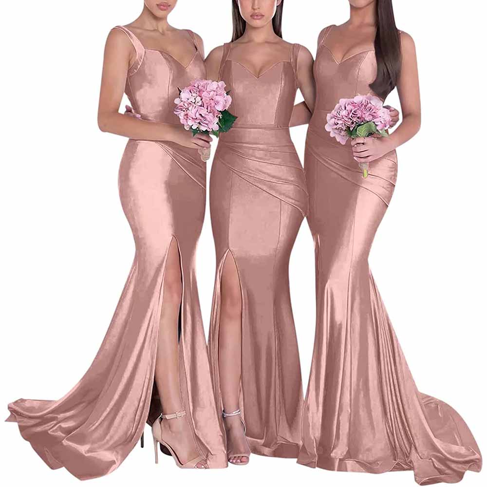 Three models in long satin mermaid bridesmaid dresses showcasing elegant designs and sleek fits