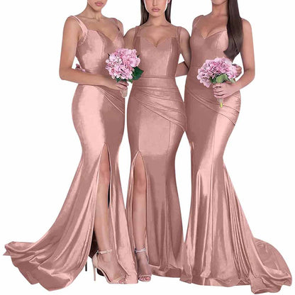 Three models in long satin mermaid bridesmaid dresses showcasing elegant designs and sleek fits