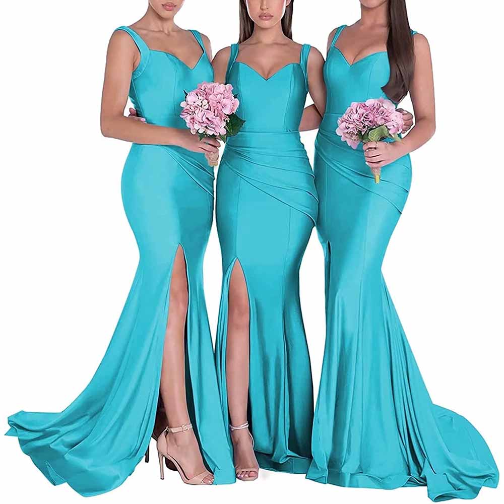Three models in turquoise mermaid bridesmaid dresses long satin with elegant slits and floral bouquets