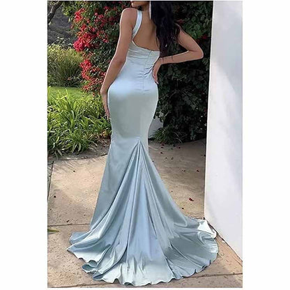 Light blue mermaid bridesmaid dresses long satin with a sleek silhouette and elegant train