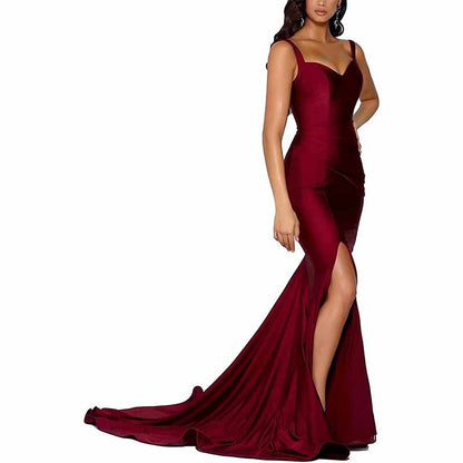 Elegant mermaid bridesmaid dresses long satin in burgundy with side slit and flowing train