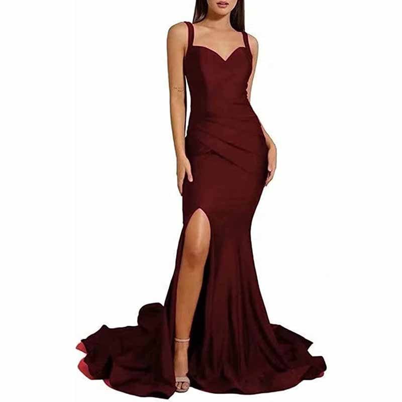 Elegant mermaid bridesmaid dresses long satin in burgundy with a thigh-high slit and fitted silhouette