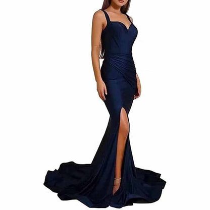 Elegant mermaid bridesmaid dresses long satin in dark navy with a stylish split and fitted silhouette