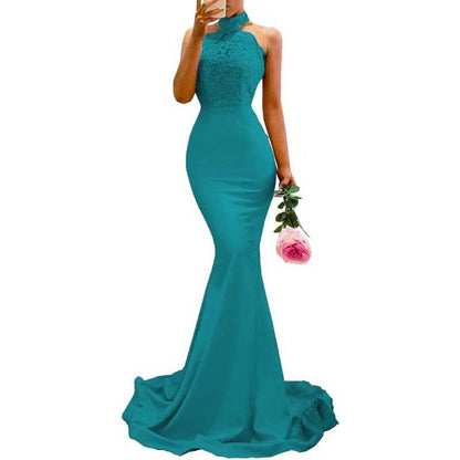 Women Halter-Neck Mermaid Bridesmaid Dress Satin Long Prom Dress Party Ball Gown