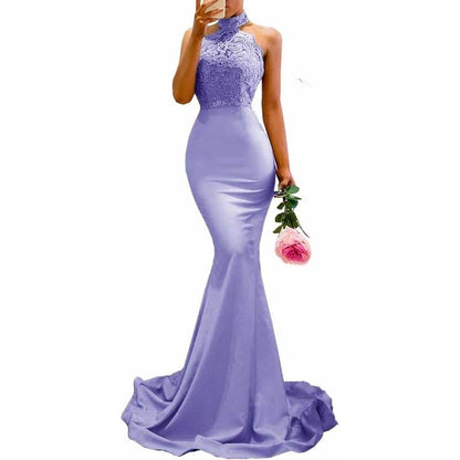 Women Halter-Neck Mermaid Bridesmaid Dress Satin Long Prom Dress Party Ball Gown