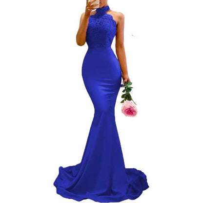 Women Halter-Neck Mermaid Bridesmaid Dress Satin Long Prom Dress Party Ball Gown