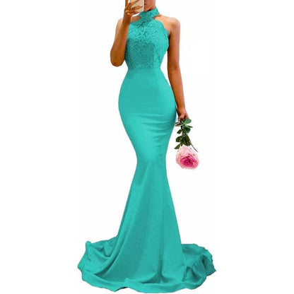 Women Halter-Neck Mermaid Bridesmaid Dress Satin Long Prom Dress Party Ball Gown