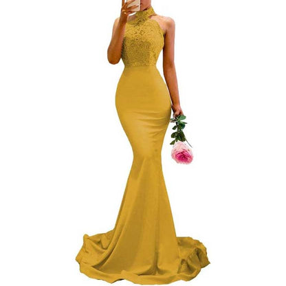 Women Halter-Neck Mermaid Bridesmaid Dress Satin Long Prom Dress Party Ball Gown