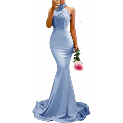 Women Halter-Neck Mermaid Bridesmaid Dress Satin Long Prom Dress Party Ball Gown