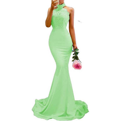 Women Halter-Neck Mermaid Bridesmaid Dress Satin Long Prom Dress Party Ball Gown