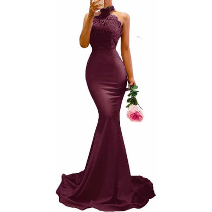 Women Halter-Neck Mermaid Bridesmaid Dress Satin Long Prom Dress Party Ball Gown