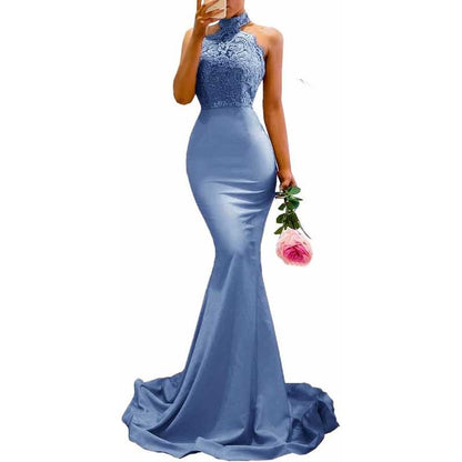 Women Halter-Neck Mermaid Bridesmaid Dress Satin Long Prom Dress Party Ball Gown