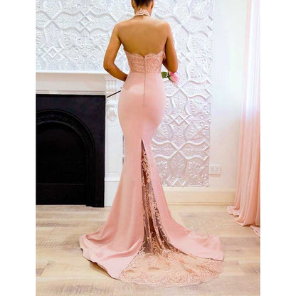 Women Halter-Neck Mermaid Bridesmaid Dress Satin Long Prom Dress Party Ball Gown