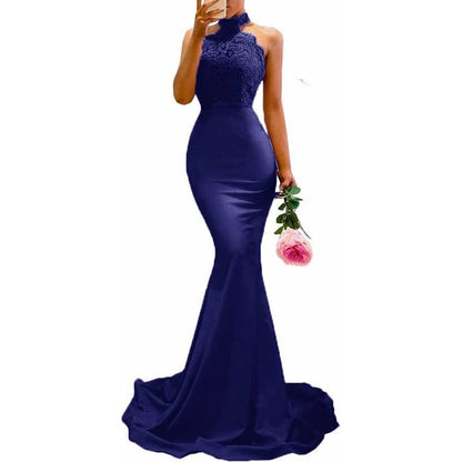 Women Halter-Neck Mermaid Bridesmaid Dress Satin Long Prom Dress Party Ball Gown
