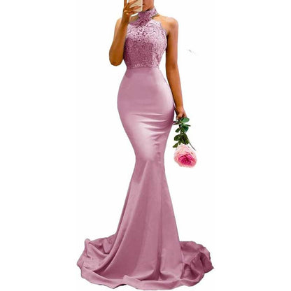 Women Halter-Neck Mermaid Bridesmaid Dress Satin Long Prom Dress Party Ball Gown