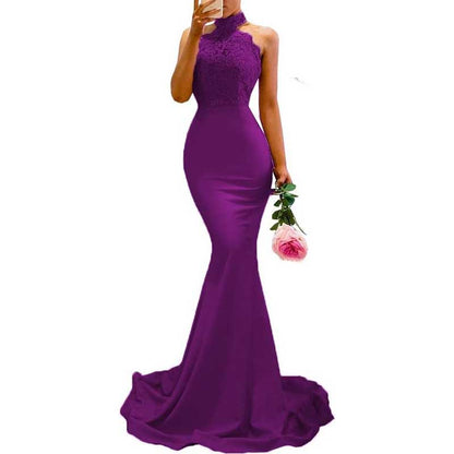 Women Halter-Neck Mermaid Bridesmaid Dress Satin Long Prom Dress Party Ball Gown